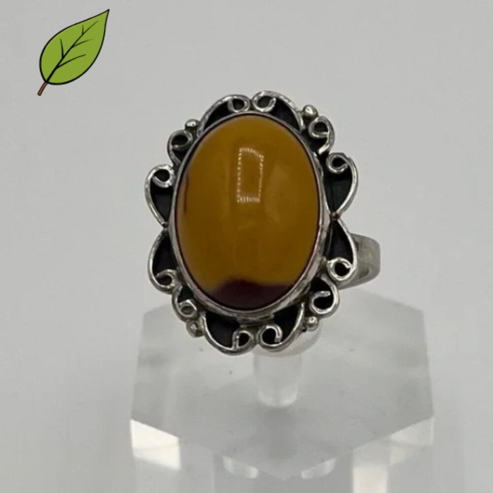 Vintage 7g Sterling Silver Baltic Egg Yolk Butterscotch Amber Statement Ring